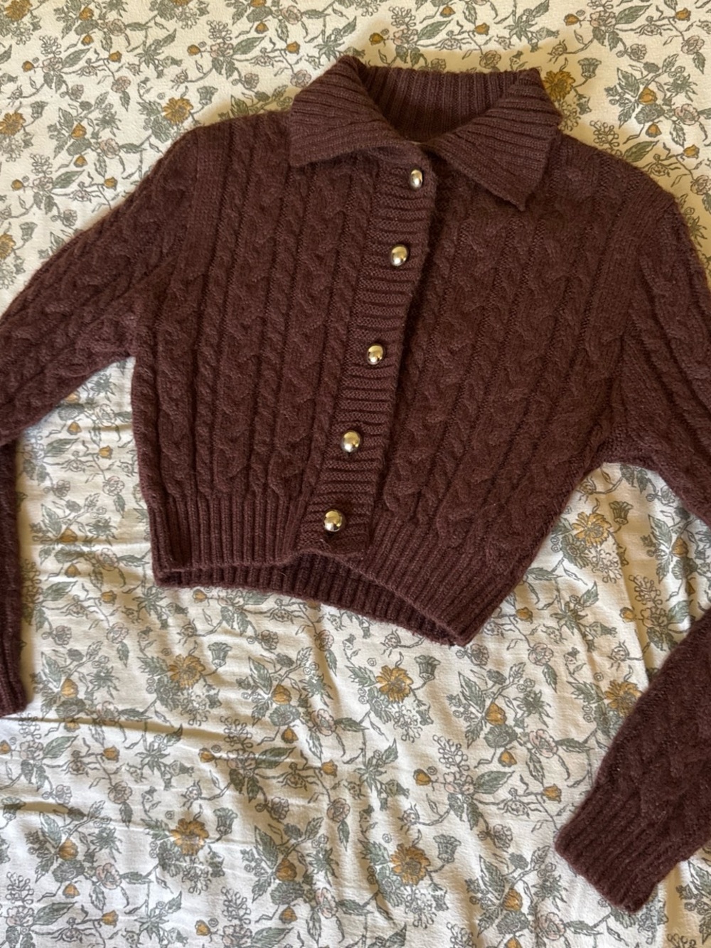 Only Cropped Cable-Knit Cardigan in Deep Brown with Pearl Buttons